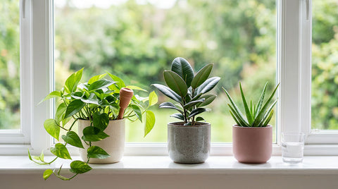 Three potted houseplants in ceramic pots sitting on a white windowsill with a blurred green garden background.